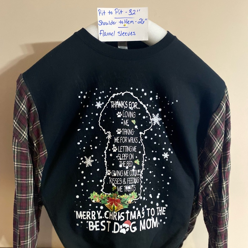Black Christmas Dog Mom Sweatshirt with Plaid Sleeves size XL
